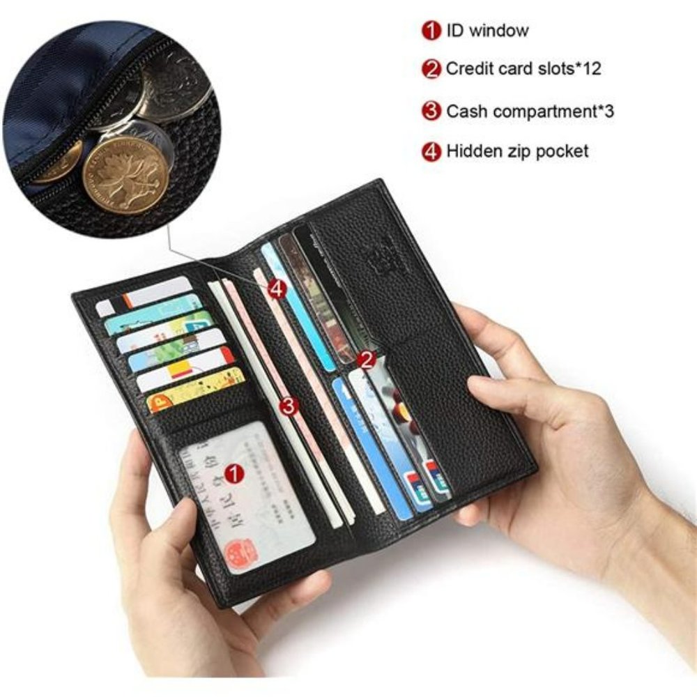 RFID Bifold Wallets Slim Credit Card Wallet Real Leather Mens Long Wallet - Picture 5 of 6